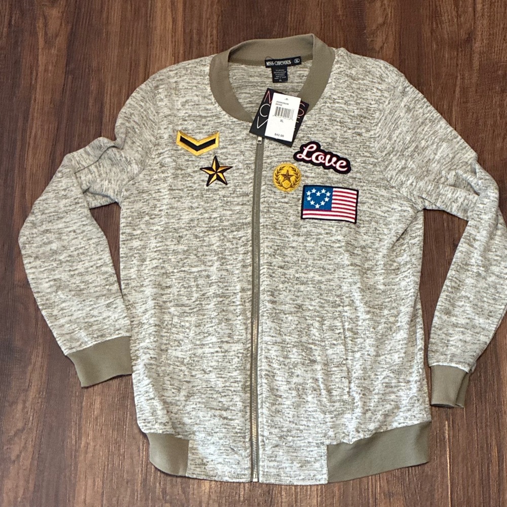 Miss Chievous Cardigan Sweater Womens XL Beige NWT Patches Full Zip Bomber Style